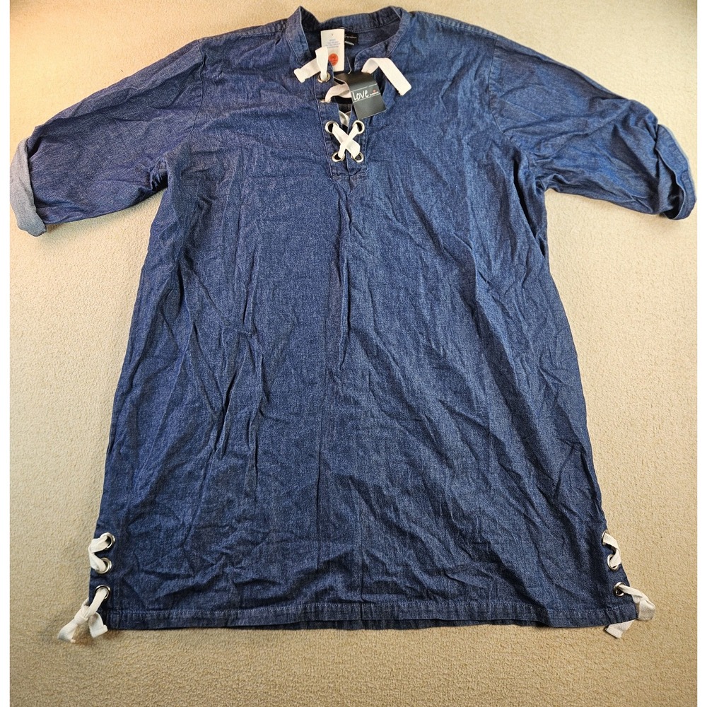 Love by Chesley Womens 2X Blue Denim Lace Up Tunic Shirt Dress 100% Cotton NWT